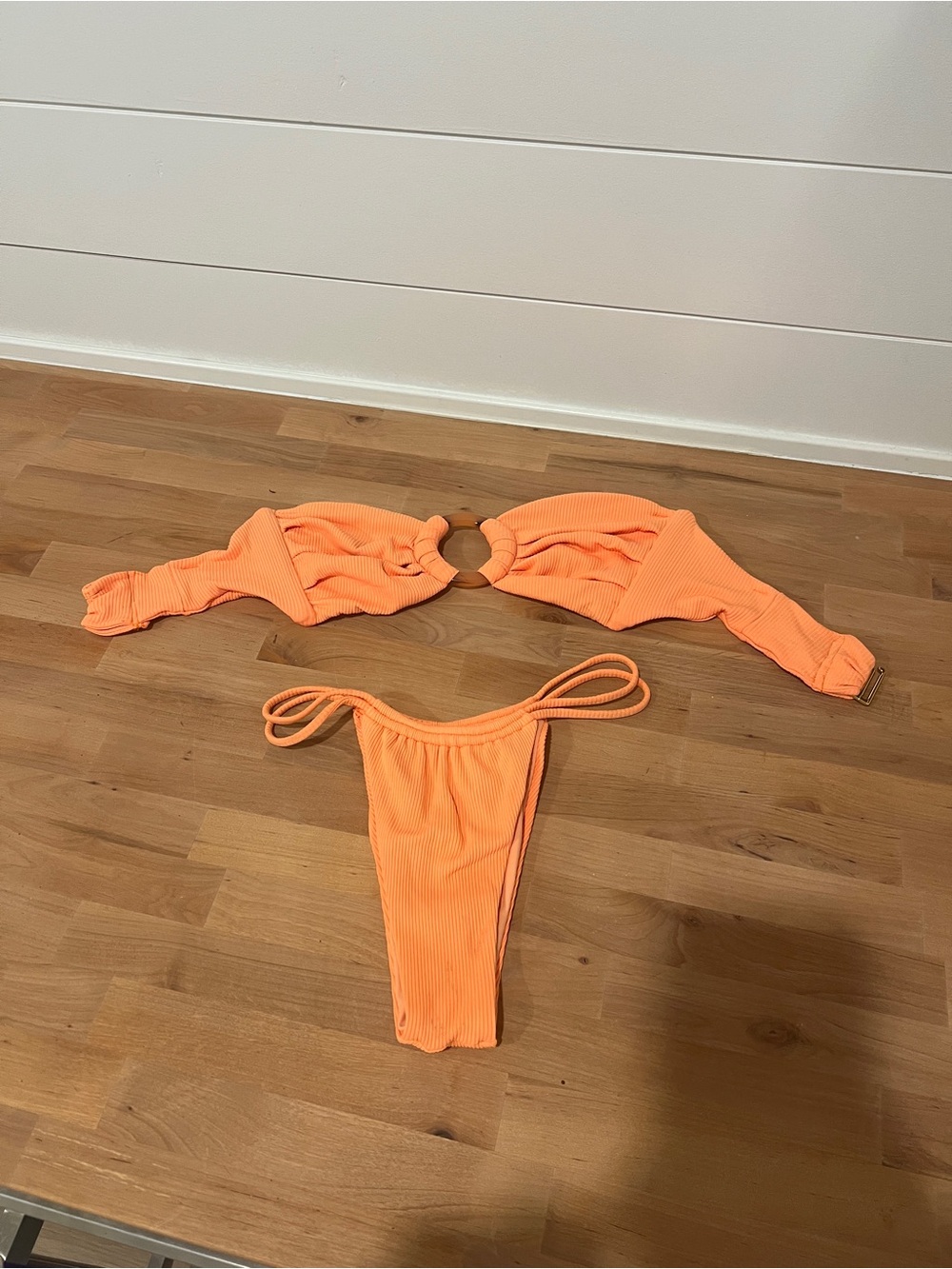 Montce Ribbed Orange Bikini Set - Strapless Top S and Brazilian Bottoms XS